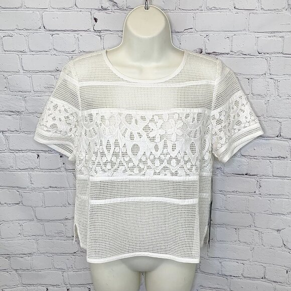 NWT CHICO'S BLACK LABEL ANTIQUE WHITE OPEN MESH & LACE TOP - SMALL/0 - Picture 2 of 5